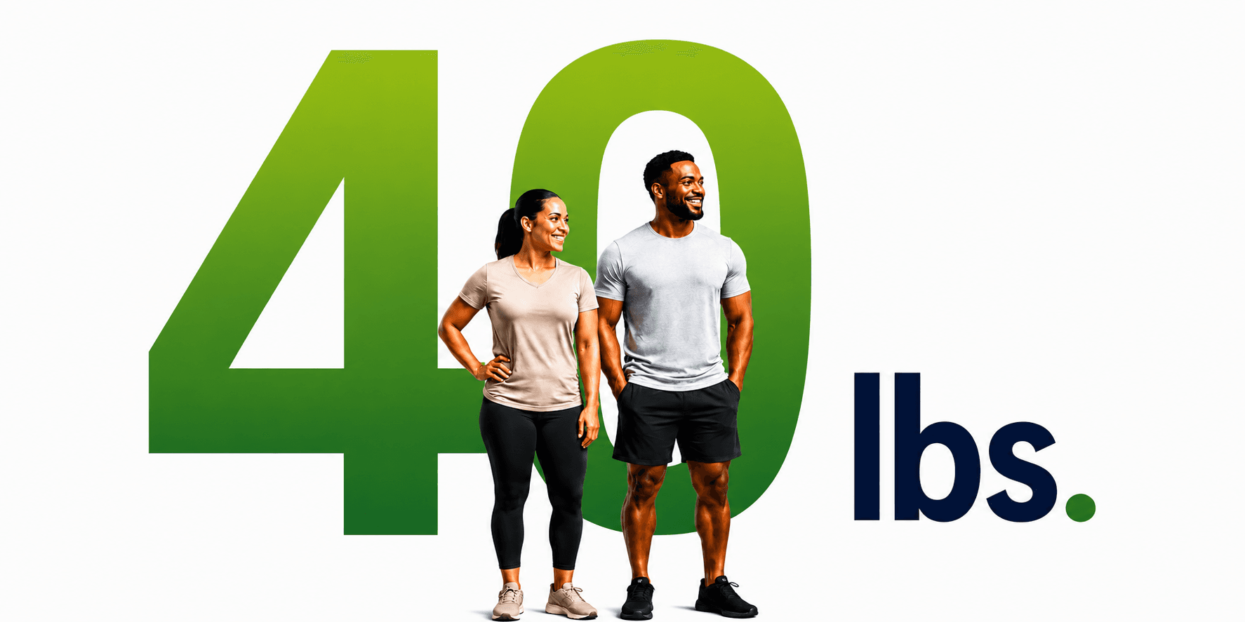 Two people standing in front of a large green 40 beside the word lbs.