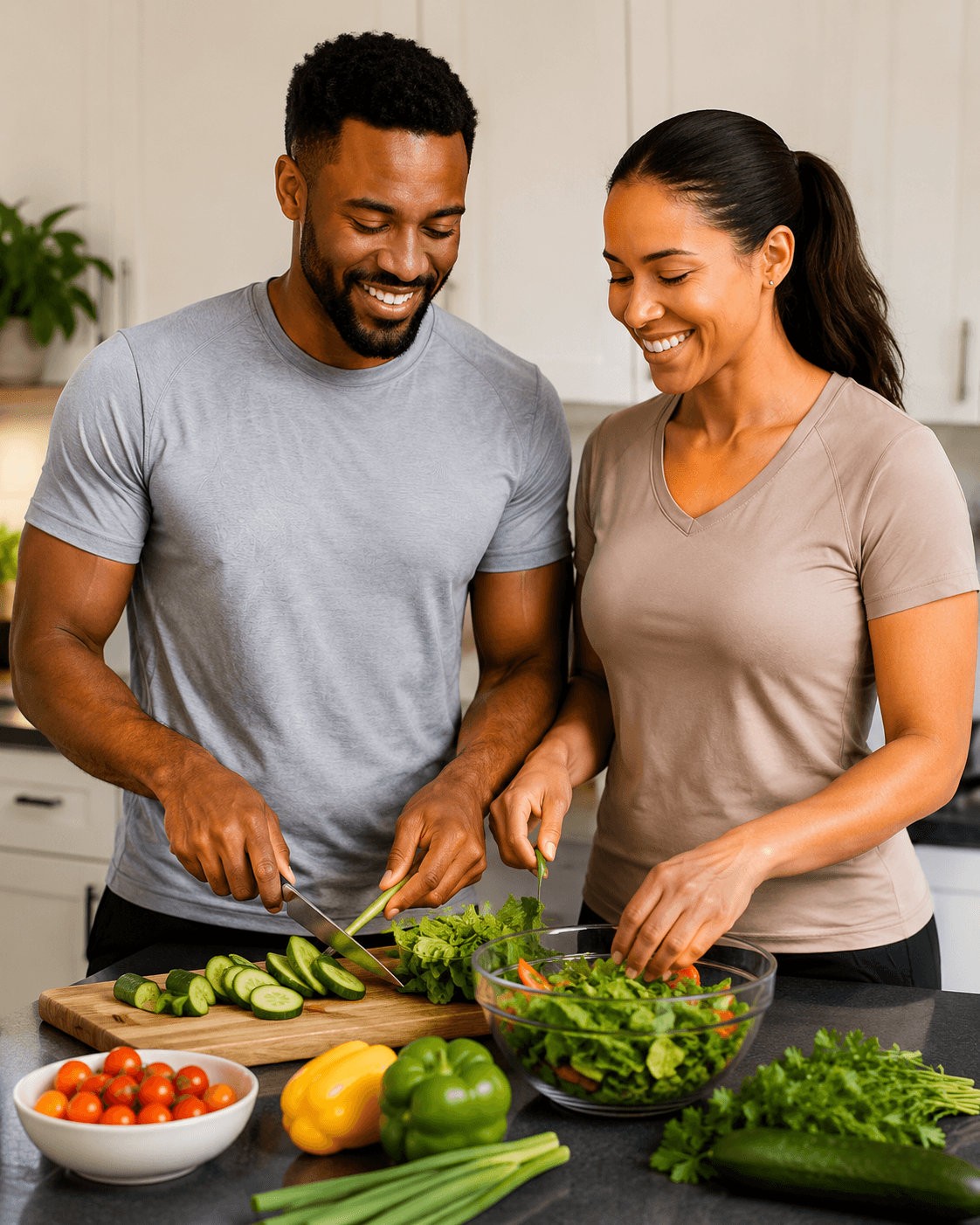 A couple preparing a fresh salad together at a kitchen counter.