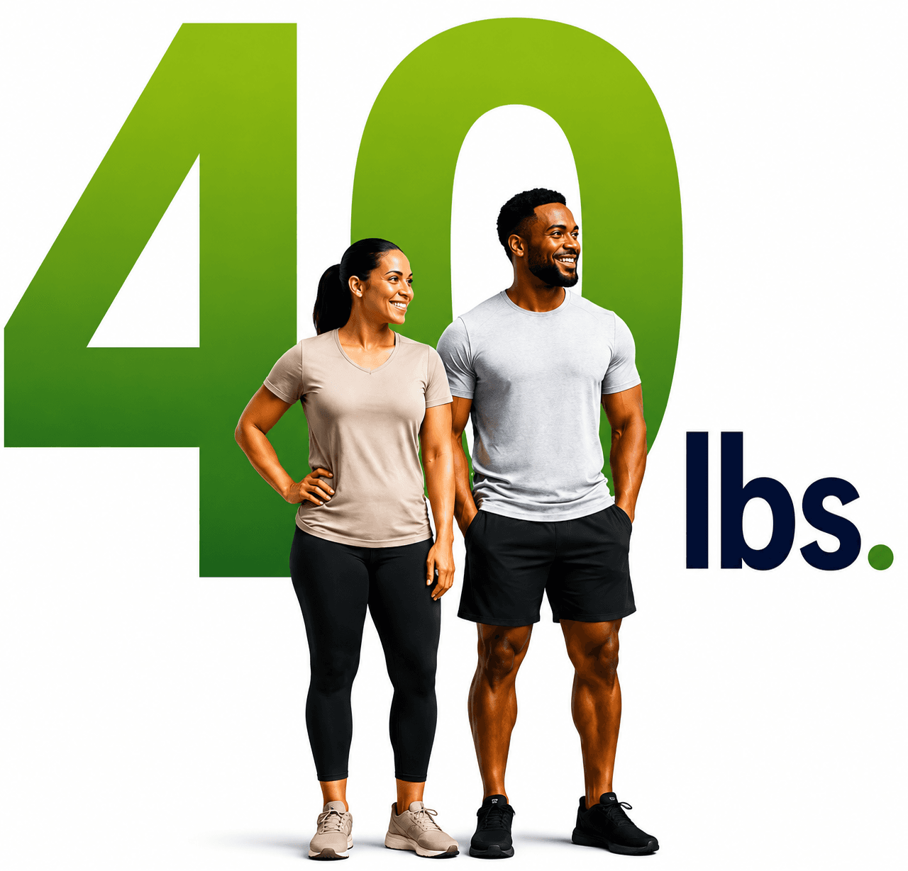 Two people standing together in front of an oversized graphic reading 40 lbs.