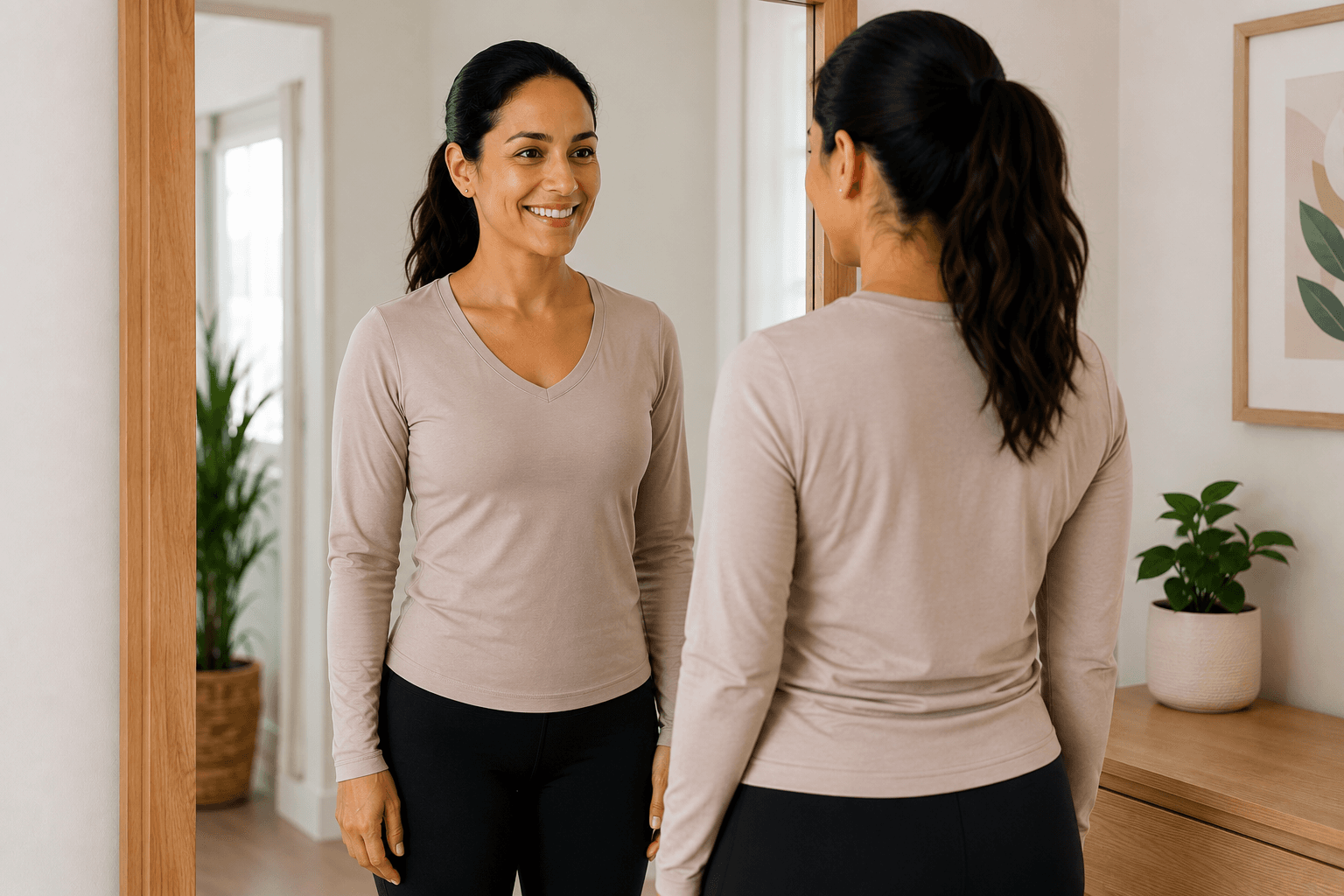 A woman standing in a bright hallway, smiling as she looks toward a mirror.