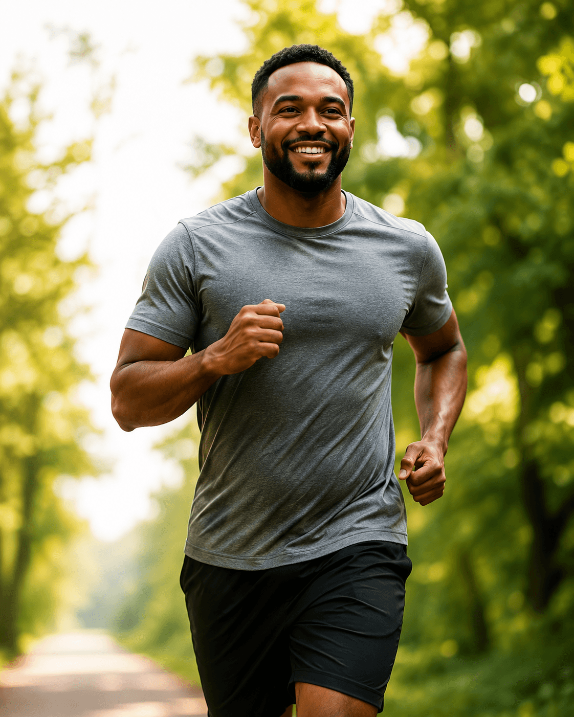 A man jogging at an easy pace along a sunlit tree-lined path.