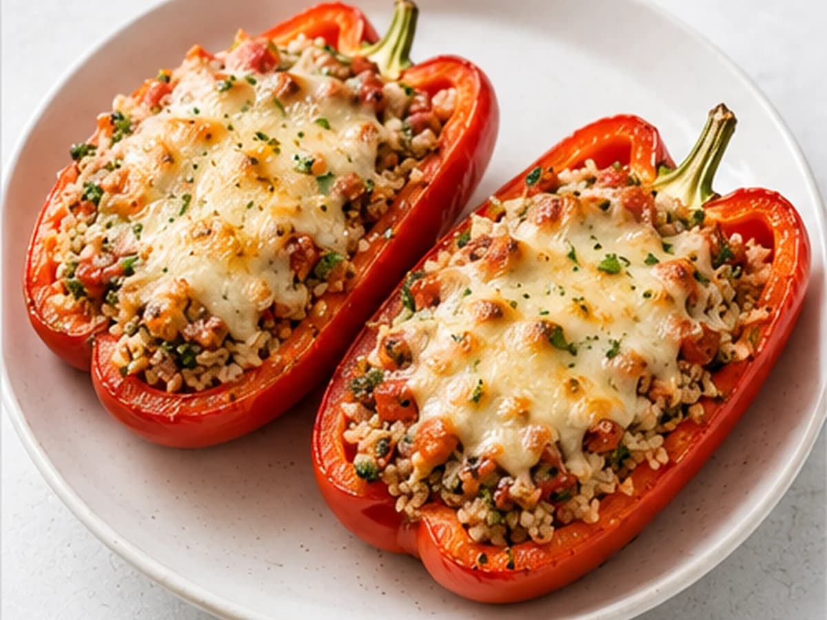 Two halved bell peppers stuffed with ground turkey and rice, topped with melted cheese; on a white plate.